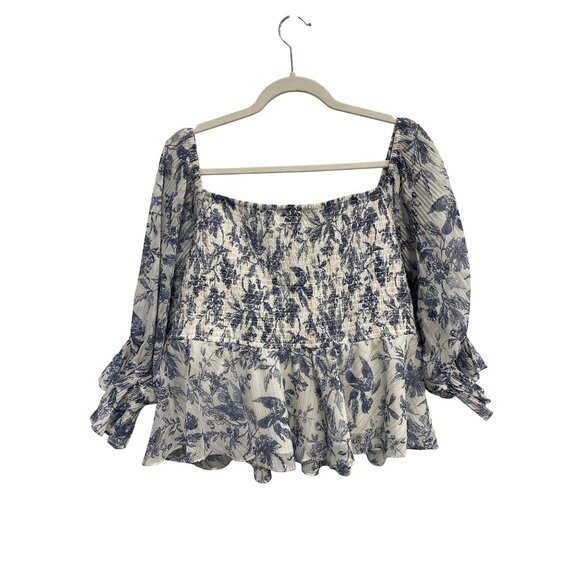 Express Blouse Size XL Smocked Floral Metallic 3/4 Sleeve Ruffle Romantic Blue - Picture 4 of 10